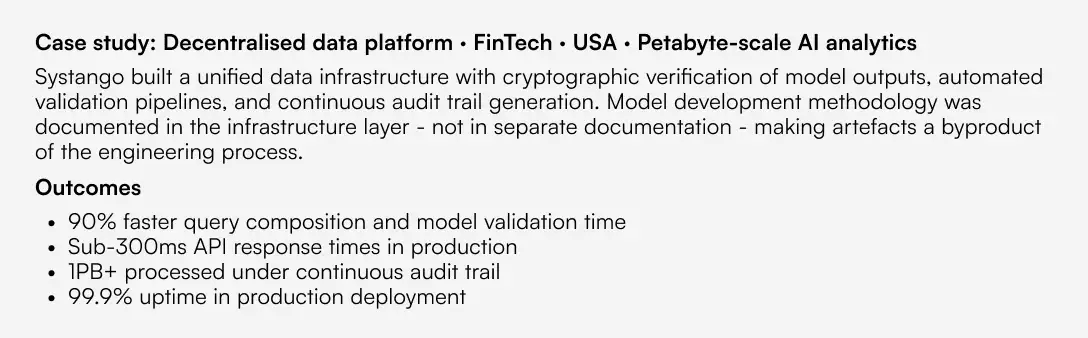 Systango FinTech case study: petabyte-scale AI analytics with 90% faster validation, sub-300ms API, 99.9% uptime, continuous audit trail.