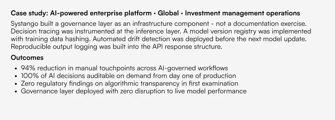 Systango AI governance case study: 94% fewer manual touchpoints, 100% auditable decisions, zero regulatory findings, zero disruption.