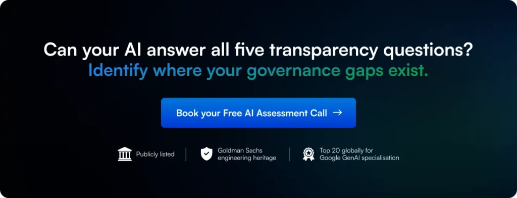 Systango CTA: Can your AI answer 5 transparency questions? Book free AI assessment. Goldman Sachs heritage, Google GenAI top 20.